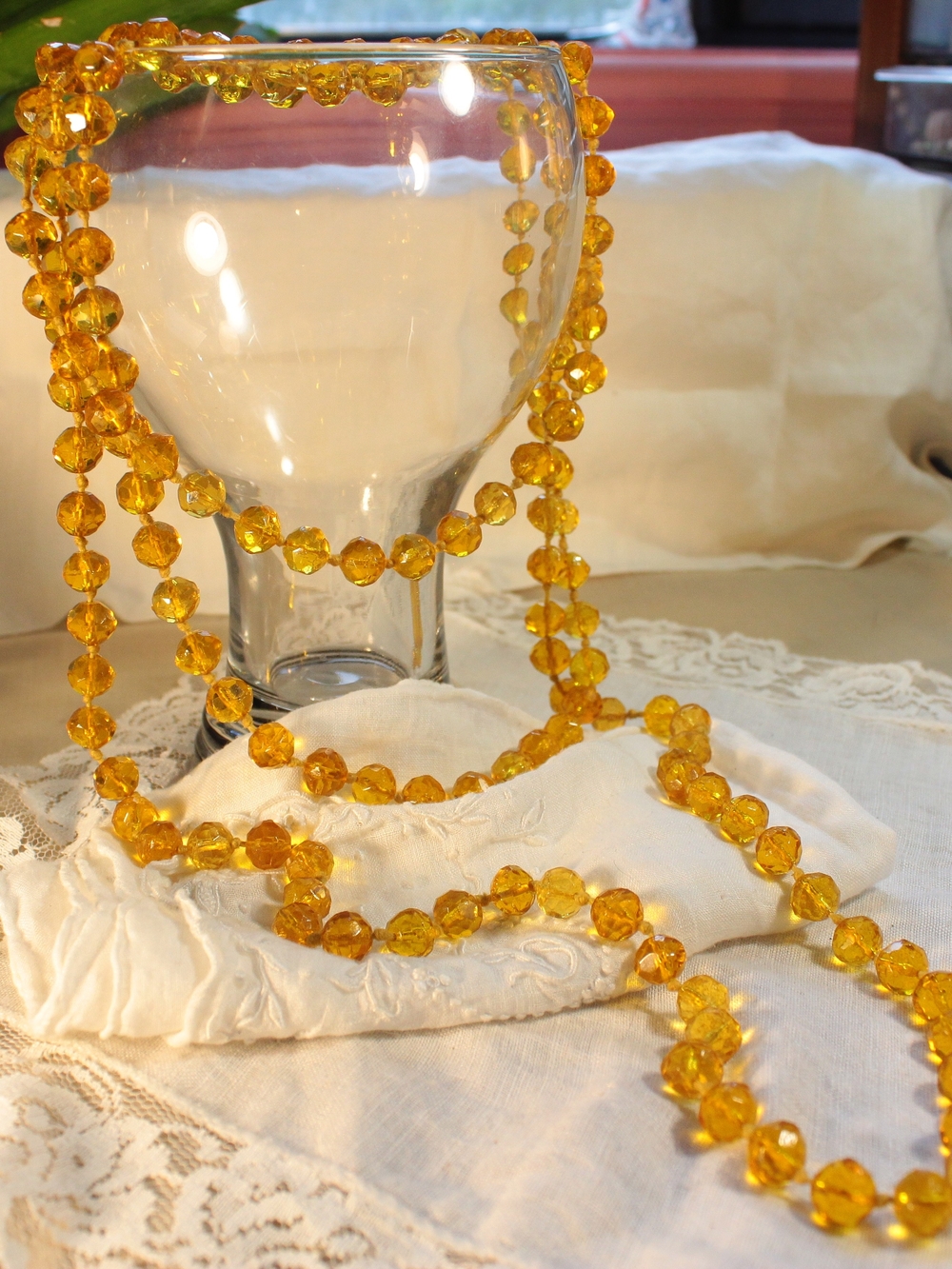 Art Deco Style Honey Amber Faceted Crystal Beaded Long Strand Necklace